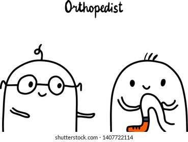 Orthopedist hand drawn vector illustration in cartoon style. Men doctor and patient with his leg