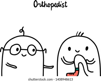 Orthopedist hand drawn vector illustration in cartoon style. Patient doctor and leg
