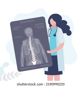 Ortopedista sosteniendo rayos X con la parte posterior curva. El médico observó en imágenes lugares de deformidad espinal. Un especialista diagnostica pacientes con escoliosis. Concepto de ortopedia y radiografía. Ilustración del vector