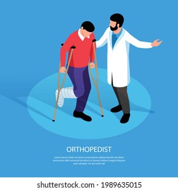 Orthopedist isometric background with doctor inviting patient on crutches into cabinet for examination vector illustration
