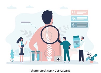 Orthopedist with magnifying glass examines back of patient. Doctors diagnose man with curvature of spine. Specialists offer effective treatment for scoliosis. Orthopedics concept. Vector illustration