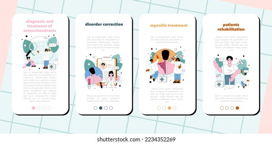 Juego de banners para aplicaciones móviles ortopedistas. Idea del tratamiento del sistema esquelético humano. Anatomía humana y estructura ósea. Diagnóstico de osteocondrosis y miositis. Ilustración vectorial plana