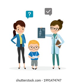 Orthopedist telling mother about boy diagnosis. Nurse holds x-ray picture of fracture. Schoolboy in cast with broken arm. Child with injury at doctor appointment. Traumatology. Vector illustration