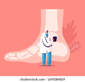 Orthopedy and Podiatry Medical Healthcare Concept. Doctor Podiatrist Character with Clip Board Stand at Huge Foot with Bones X-ray Picture. Patient Treatment in Hospital. Cartoon Vector Illustration