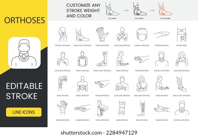 Orthoses line icon set in vector, illustration of cervical and ankle foot orthoses, shoulder and finger orthosis, spinal and hand, knee. Editable stroke.