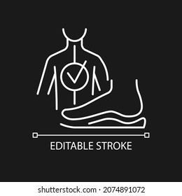 Orthotics white linear icon for dark theme. Foot orthoses. Foot pad. Scoliosis prevention. Thin line customizable illustration. Isolated vector contour symbol for night mode. Editable stroke