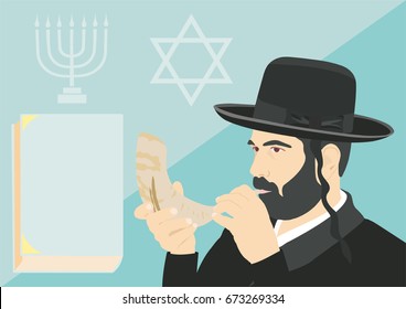 Ortodox Jew, Hasid, Rabbi with a ram's horn. Jewish attributes of Judaism. Celebrating Jewish holidays Hanukkah, Rosh Hashanah. Menorah, the star of David. The book is a place for text, a banner.