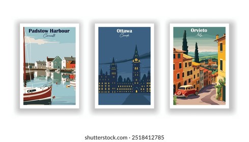 Orvieto, Italia, Ottawa, Canadá, Padstow Harbour, Cornualles - cartel de viaje de Antiguas. Ilustración vectorial