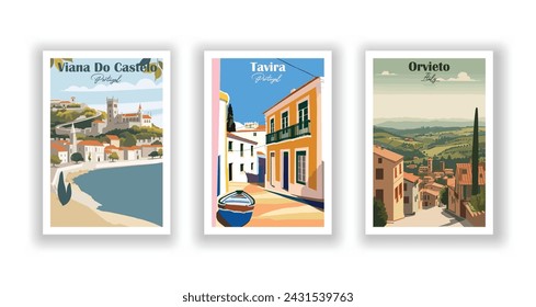 Orvieto, Italien. Tavira, Portugal. Viana do Castelo, Portugal - Set mit 3 Vintage-Reiseplakaten. Vektorgrafik. Qualitativ hochwertige Ausdrucke