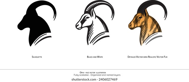 Oryx Face nur Vektorgrafik. Oryx Detaillierte Vektorgrafik. Silhouette, schwarz-weiß. Organisierte und benannte Schichten