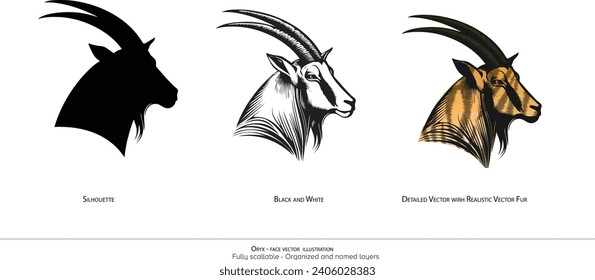 Oryx Face nur Vektorgrafik. Tierzeichnung. Oryx Detaillierte Vektorgrafik. Silhouette, schwarz-weiß. Organisierte und benannte Schichten