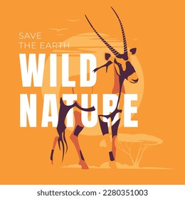 Oryx Gazelle are standing on an orange background. African wildlife poster. Preservation of natural ecology. Vector flat illustration