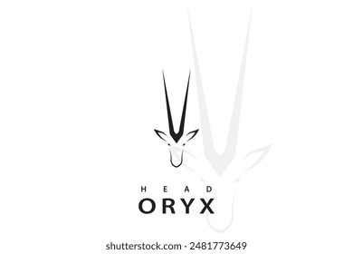 Diseño de logotipo de cabeza de Oryx, con cuernos largos, línea, simple, sobre un fondo blanco.