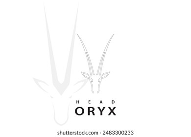Diseño de logotipo de cabeza de Oryx, con cuernos largos, línea, simple, sobre un fondo blanco.