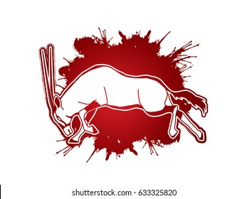 Oryx jumping to attack with long horn on splatter blood background graphic vector
