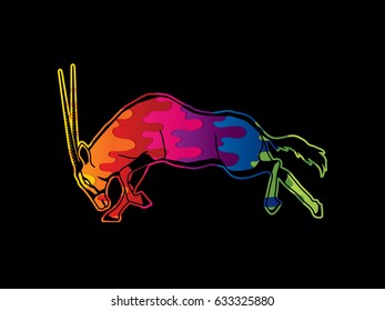 Oryx jumping to attack with long horn designed using melting colors graphic vector
