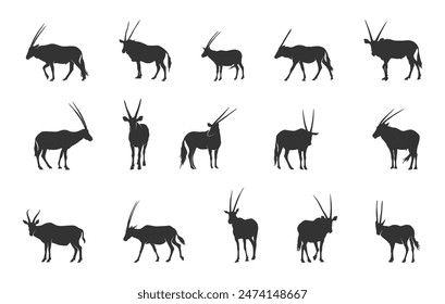 Oryx silhouettes, Horned animal silhouettes, Oryx vector set.