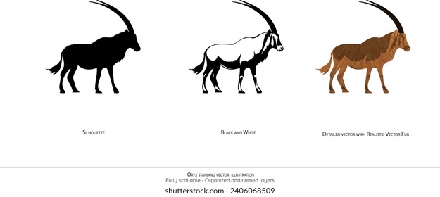 Oryx Ständige Vektorgrafik. Oryx Silhouette. Schwarz-Weiß. Oryx detaillierte Vektorgrafik. realistische Tiergrafik - organisierte Schichten und animierungsfertige Vektorgrafik. Realistische Fuchs-Vektorgrafik 