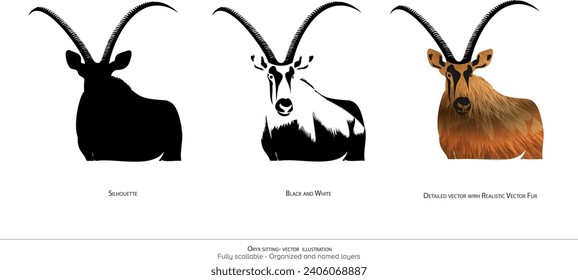 Oryx Ständige Vektorgrafik. Oryx Silhouette. Schwarz-Weiß. Oryx detaillierte Vektorgrafik. realistische Tiergrafik - organisierte Schichten und animierungsfertige Vektorgrafik. Realistische Vektorgrafik.