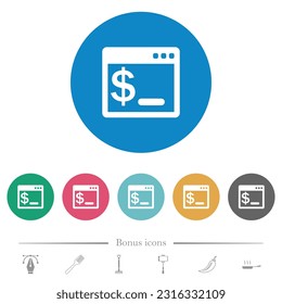 OS command terminal flat white icons on round color backgrounds. 6 bonus icons included.
