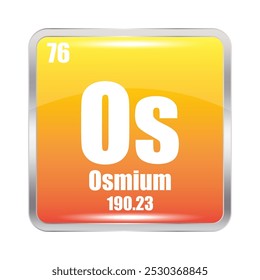 Os icon. Osmium element. Atomic number 76. Mass 190.23. Orange square background. Vector symbol. 