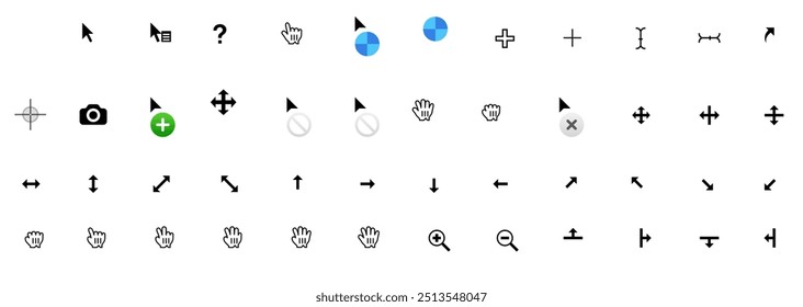 Os icon set Clicking, pointing hand clicks and waiting loading icons. Computer mouse click cursor icon set. Hand and arrow pointer cursor vector