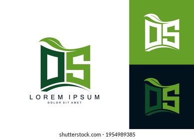 OS logo monogram with green leaf nature organic bio curved shape premium vector design template