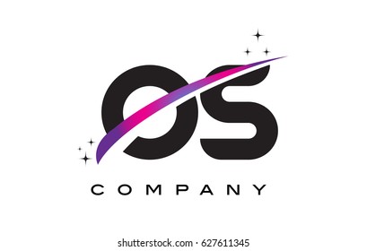 OS O S Black Letter Logo Design with Purple Magenta Swoosh and Stars.