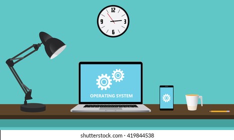 os operating system computer with gear and notebook on workdesk vector graphic illustration