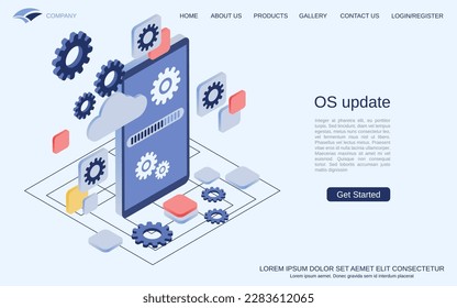 OS update, application upgrade, software installation modern 3d isometric vector concept illustration. Landing page design template