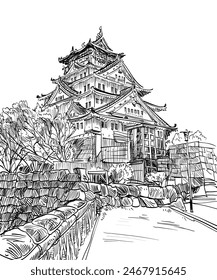 Schloss Osaka. Japan. Handgezeichnete Vektorgrafik Illustration.