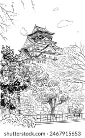 Schloss Osaka. Japan. Handgezeichnete Vektorgrafik Illustration.