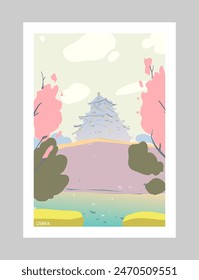 Schloss Osaka. Japan. Handgezeichnete Vektorgrafik Illustration. Poster Minimalismus Cartoon kreativer Stil 