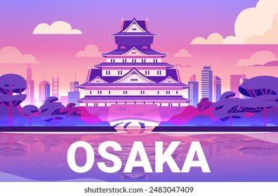 Osaka Schloss mit modernen Stadt-Skyline-Bäumen und Sonnenuntergang Reflexion in Wasser bunte Landschaft