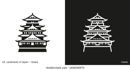 Osaka Castle. Outline and glyph style icons of the famous landmark from Japan.