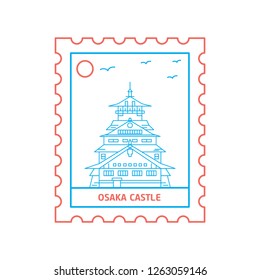 OSAKA CASTLE postage stamp Blue and red Line Style, vector illustration