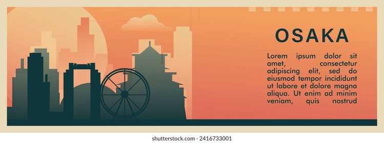 Osaka Stadt brutalismus Vektorbanner mit Skyline, Stadtlandschaft. Japan Metropole retro horizontale Illustration, Reiselayout für Webpräsentation, Kopfzeile, Fußzeile