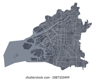 Osaka city map. Detailed vector map of Osaka administrative area, land poster metropolitan aria view. Black land with white streets, roads and avenues. White background.