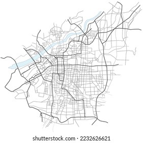 Osaka city map (Japan) - town streets on the plan. Monochrome line map of the  scheme of road. Urban environment, architectural background. Vector 