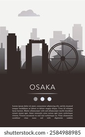 Osaka city template for website, presentation, front page, invitation, publication sheet with skyline, landmarks. Vector Japan image layout, simple and grayscale