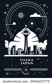 Osaka Stadt Vintage Poster mit abstraktem Stadtbild und Skyline. Retro Vektorgrafik Schwarz-Weiß-Illustration für Japan, Kansai Region, vertikale Grafik