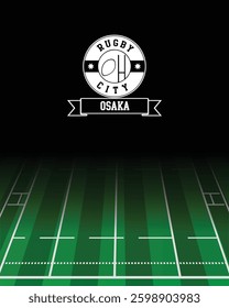 Osaka Concept for Rugby City white Stamp with Green Field Background, abstract illustration image