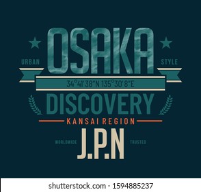 Osaka discovery slogan t-shirt trendy design. Kansai Region. Apparel typography, tee shirt print with inscription in Japanese with the translation: Tokyo. Vector illustration
