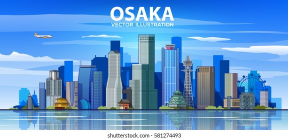 Osaka Japan skyline with panorama in sky background. Vector Illustration. Business travel and tourism concept with modern buildings. Image for banner or web site.