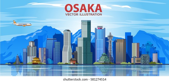 Osaka Japan skyline with panorama. Vector Illustration. Business travel and tourism concept with modern buildings. Image for banner or web site.