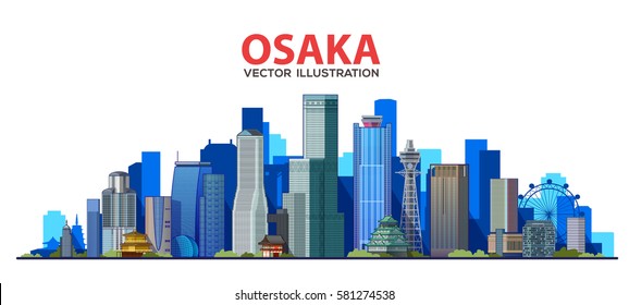 Osaka Japan skyline with panorama in white background. Vector Illustration. Business travel and tourism concept with modern buildings. Image for banner or web site.