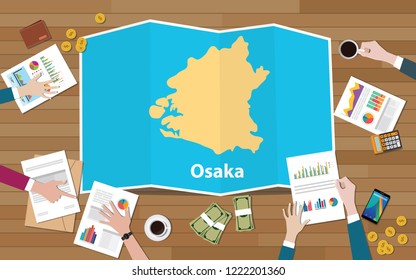 osaka kansai japan city region economy growth with team discuss on fold maps view from top vector illustration