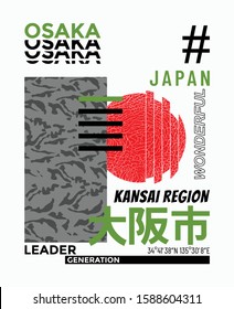 Osaka Kansai Region stylish typography for print t-shirt with comouflage style. Inscription in Japanese with the translation: Osaka City. Vector illustration.