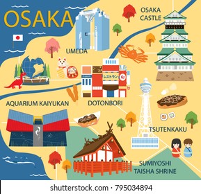 Osaka map with colorful landmarks Japan illustration design