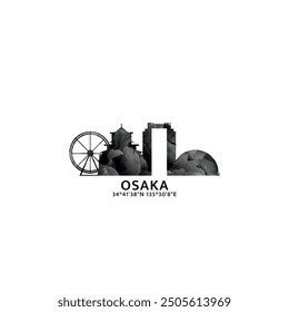 Panorama de Osaka, insignia de Vector, logotipo e ícono del horizonte. Japón, Logotipo del horizonte de la ciudad de la región de Kansai con Lugares famosos y siluetas de construcción. Gráfico de gradiente abstracto brumoso aislado